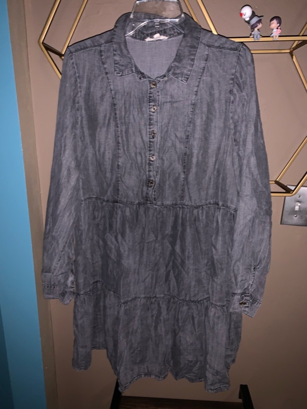 Washed Grey Denim Button-Front Tiered Dress, Women's M $8